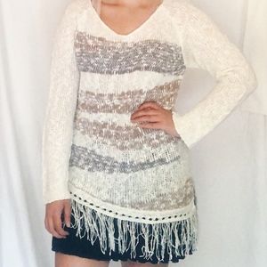 Asymmetrical Fringe Tunic Sweater Size L